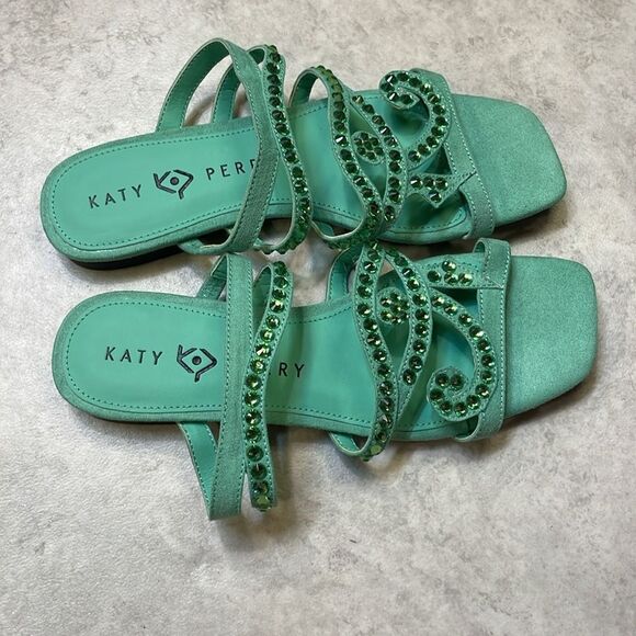 Katy Perry Anat Slide Mint Green Jeweled Eye Slip On Sandal Flats Sz 6.5 - Picture 3 of 8